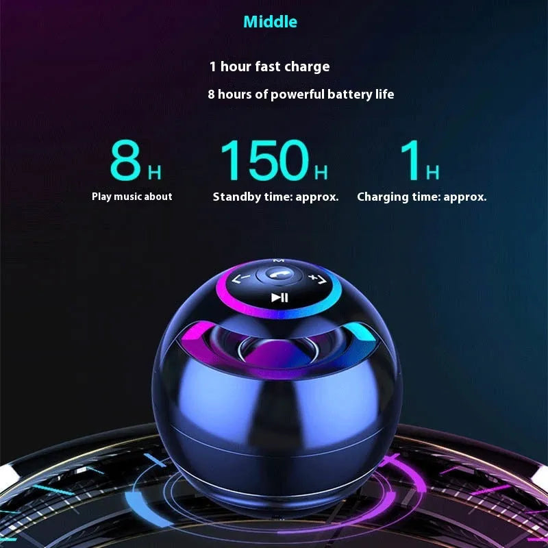 Mini Bluetooth speaker in black with dynamic bass boost and card insertion, suitable for portable outdoor use