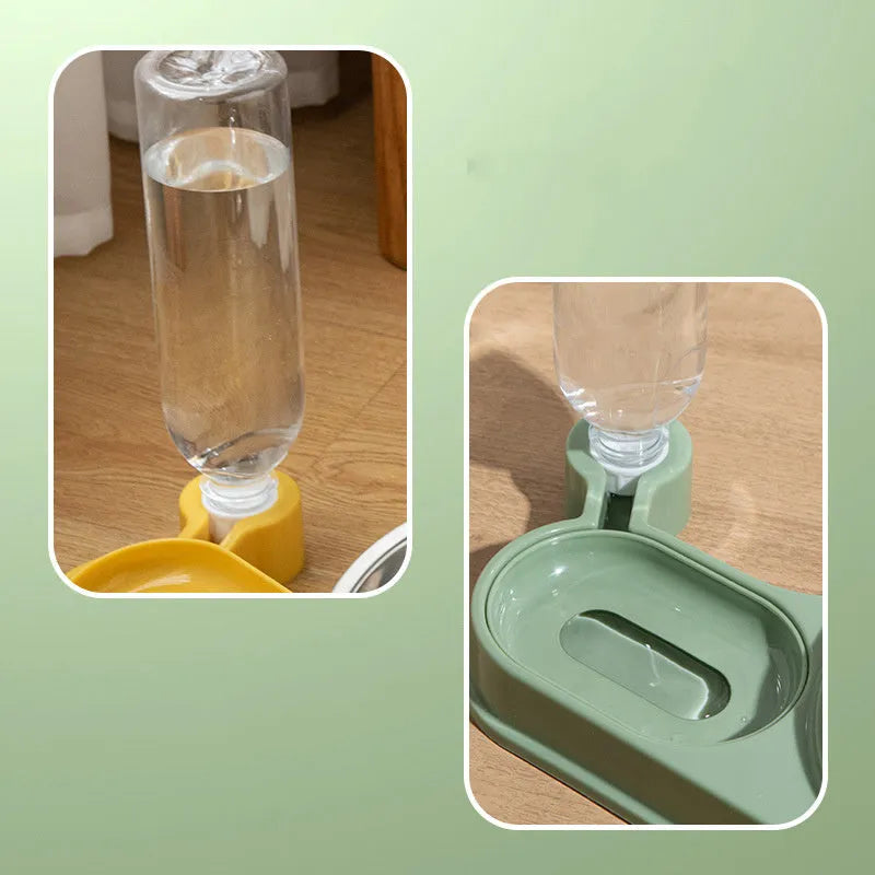 Brown elevated cat bowl with attached water bottle dispenser on a white background