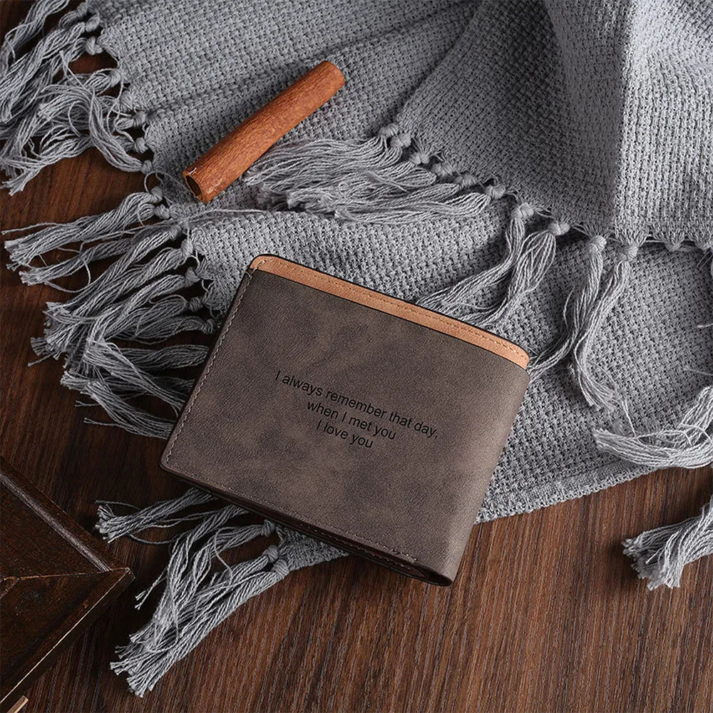Engraved coffee-coloured PU horizontal short wallet showing personalisation and seven card slots