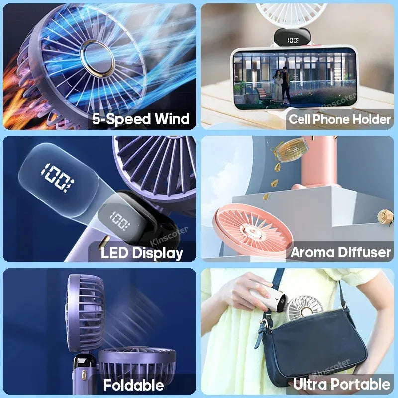 Portable USB rechargeable handheld fan with foldable neck design in multiple colour options