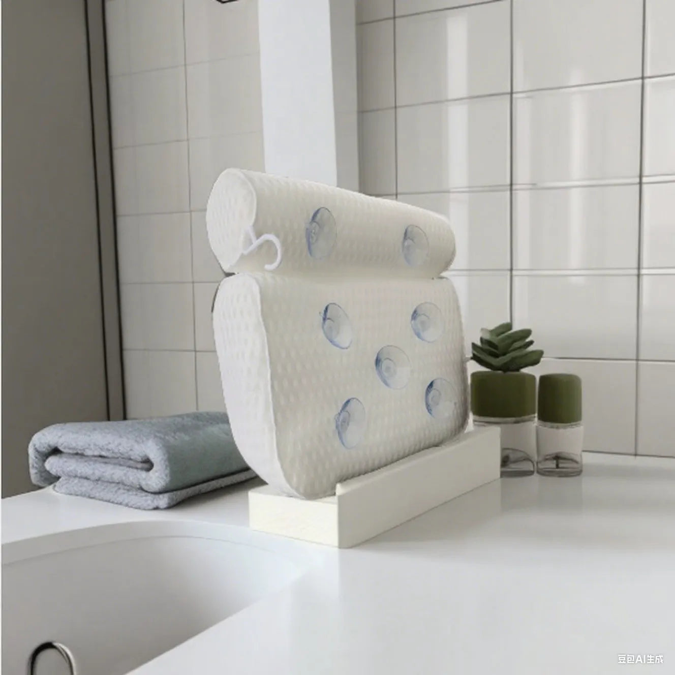 White bathtub pillow with mesh design and suction cups on underside