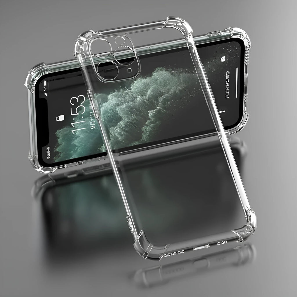 Clear transparent TPU shockproof iPhone case showing front and back views.