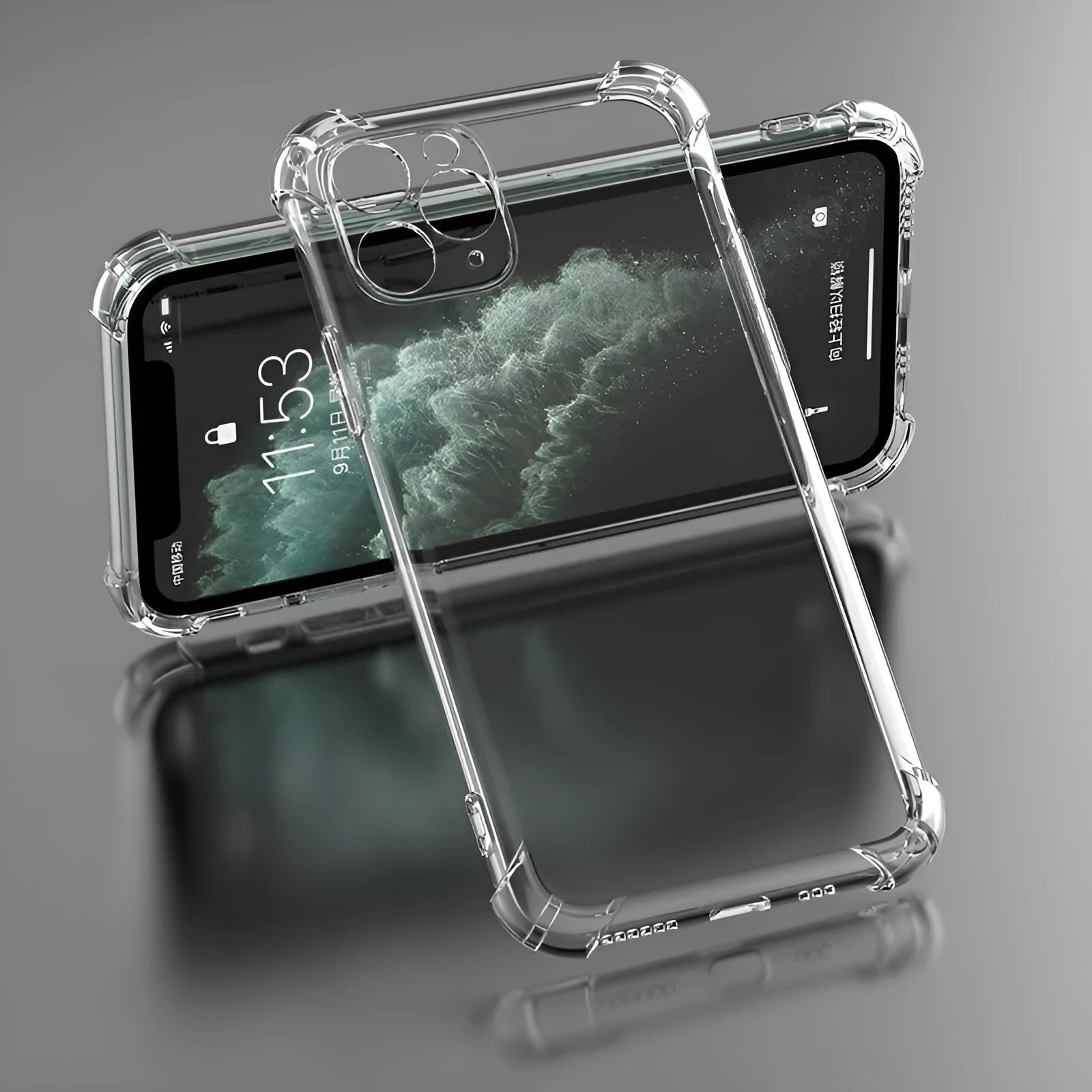 Clear transparent TPU shockproof iPhone case showing front and back views.