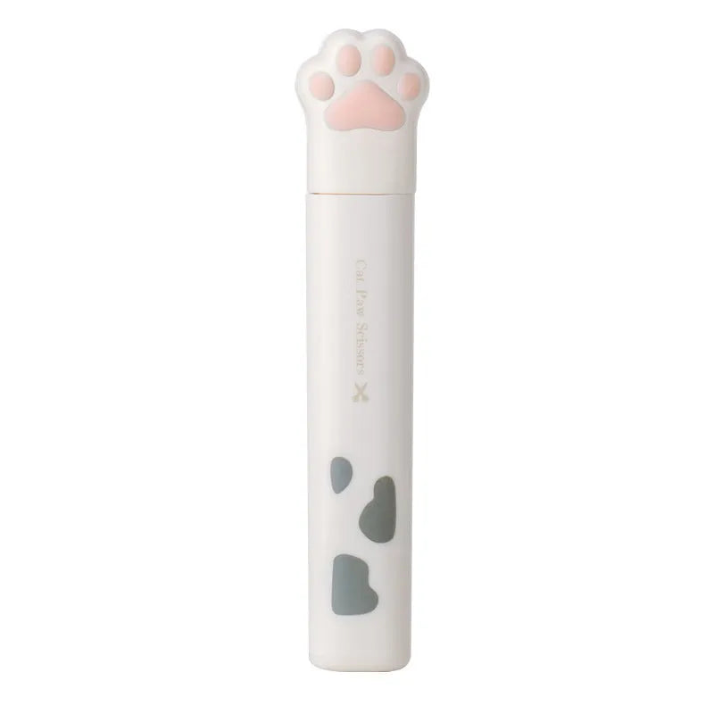 Set of four mini folding scissors with cat paw handles in pink, white, black, and blue colours, shown closed.
