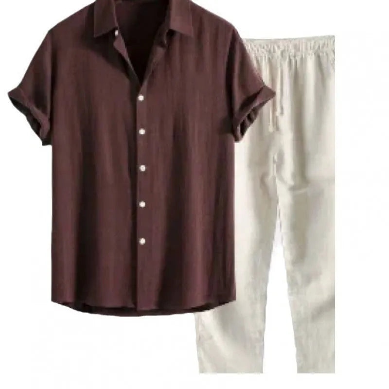 Men's casual linen-style shirt and trousers set in loose fit with short sleeves