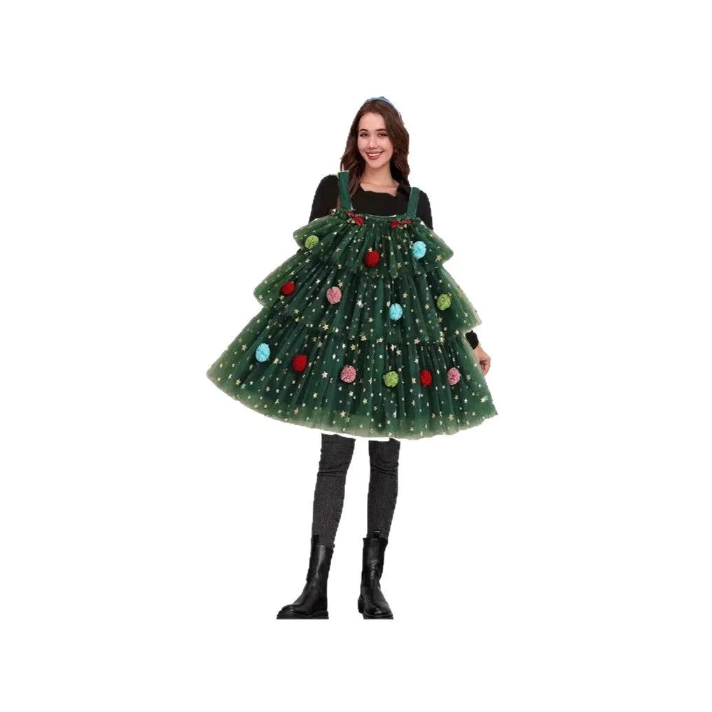 Green mesh polka dot dress with Christmas tree pattern and multi-layer tiered skirt
