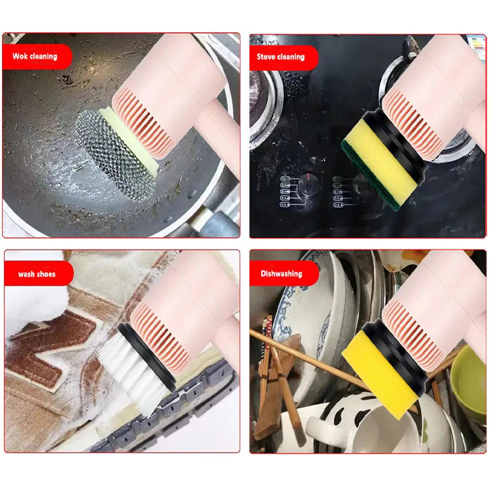 White rechargeable electric cleaning brush with multiple scrubber heads on a kitchen worktop.