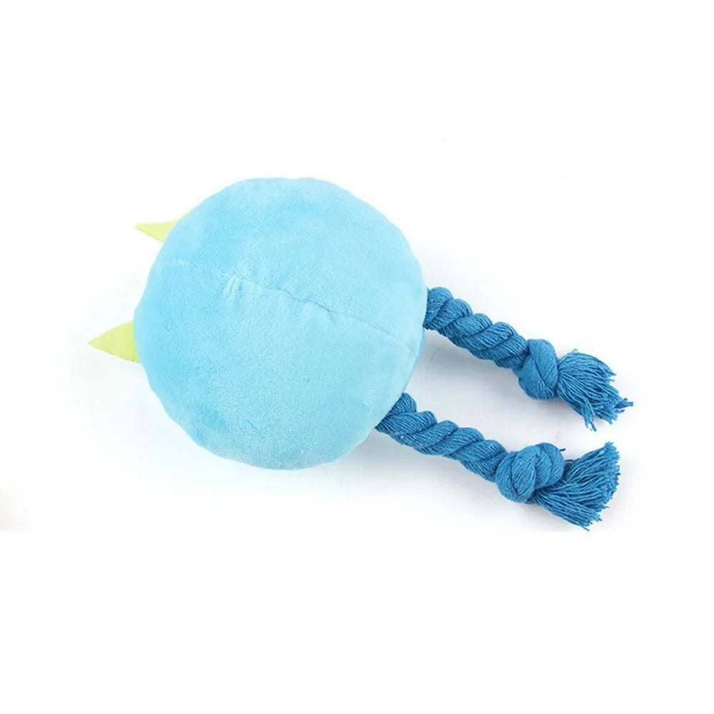 Blue and yellow cartoon-style dog squeaky toys with knot design cotton rope construction