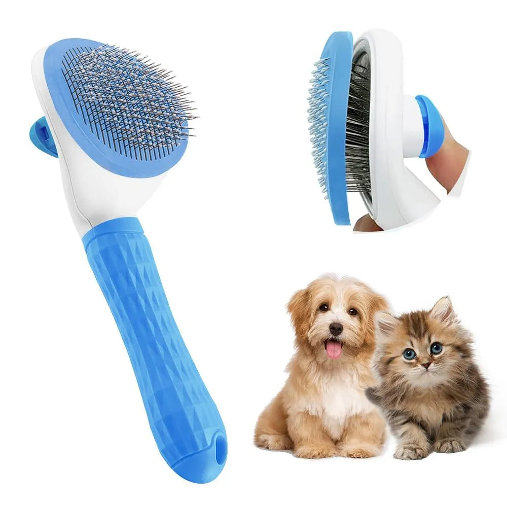 Blue cat grooming brush with a release button for removing loose fur and tangles