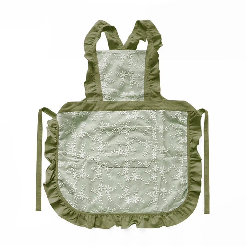 Minimalist cotton linen X strap apron with lace detailing in solid colour options