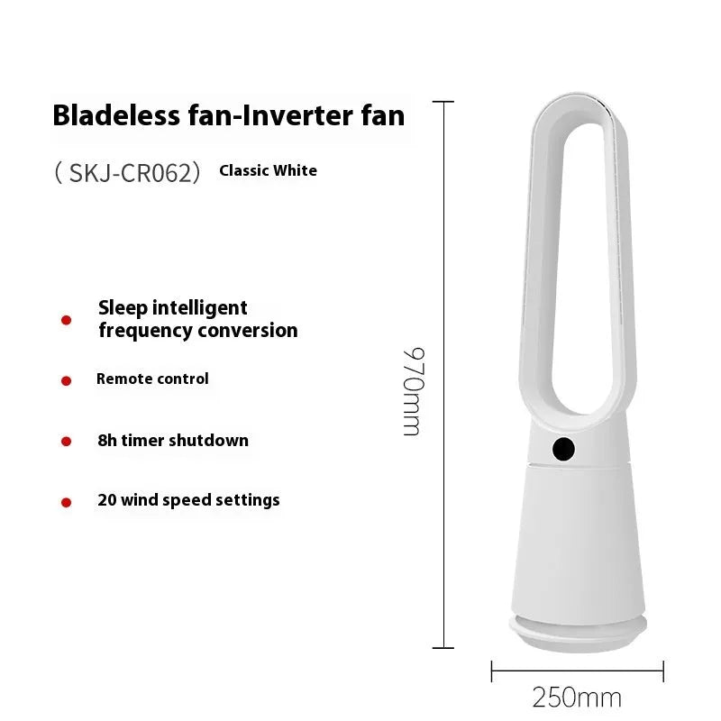 White bladeless tower fan with touch screen display and remote control on a desk.