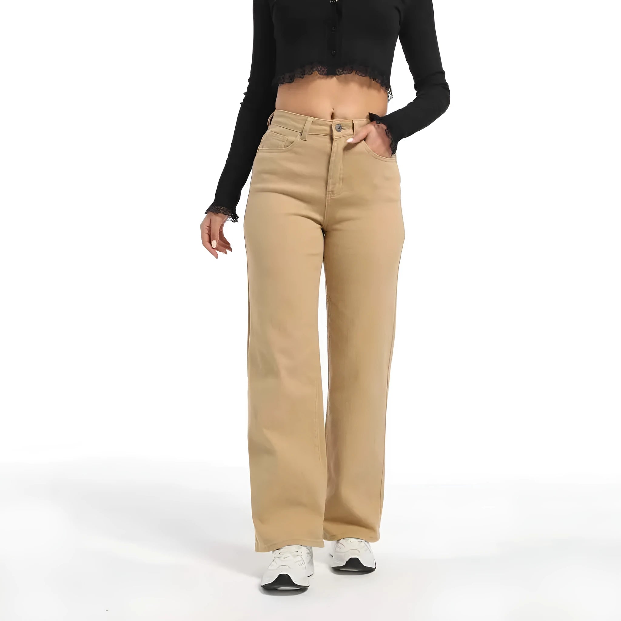 Women's apricot wide leg straight jeans with high waist on a hanger.