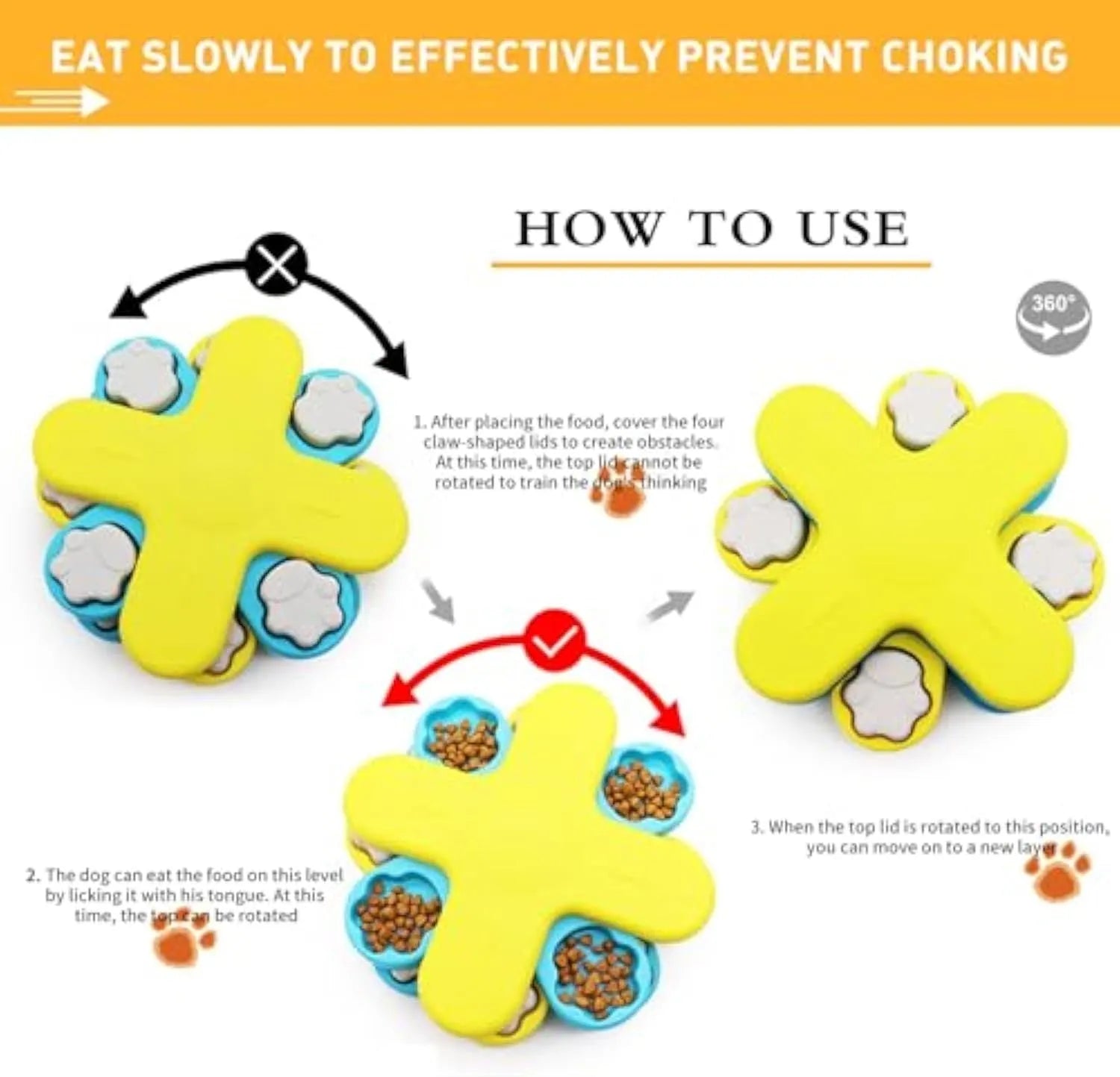 Yellow dog puzzle feeder toy with rotating lids and anti-slip rubber pads on base