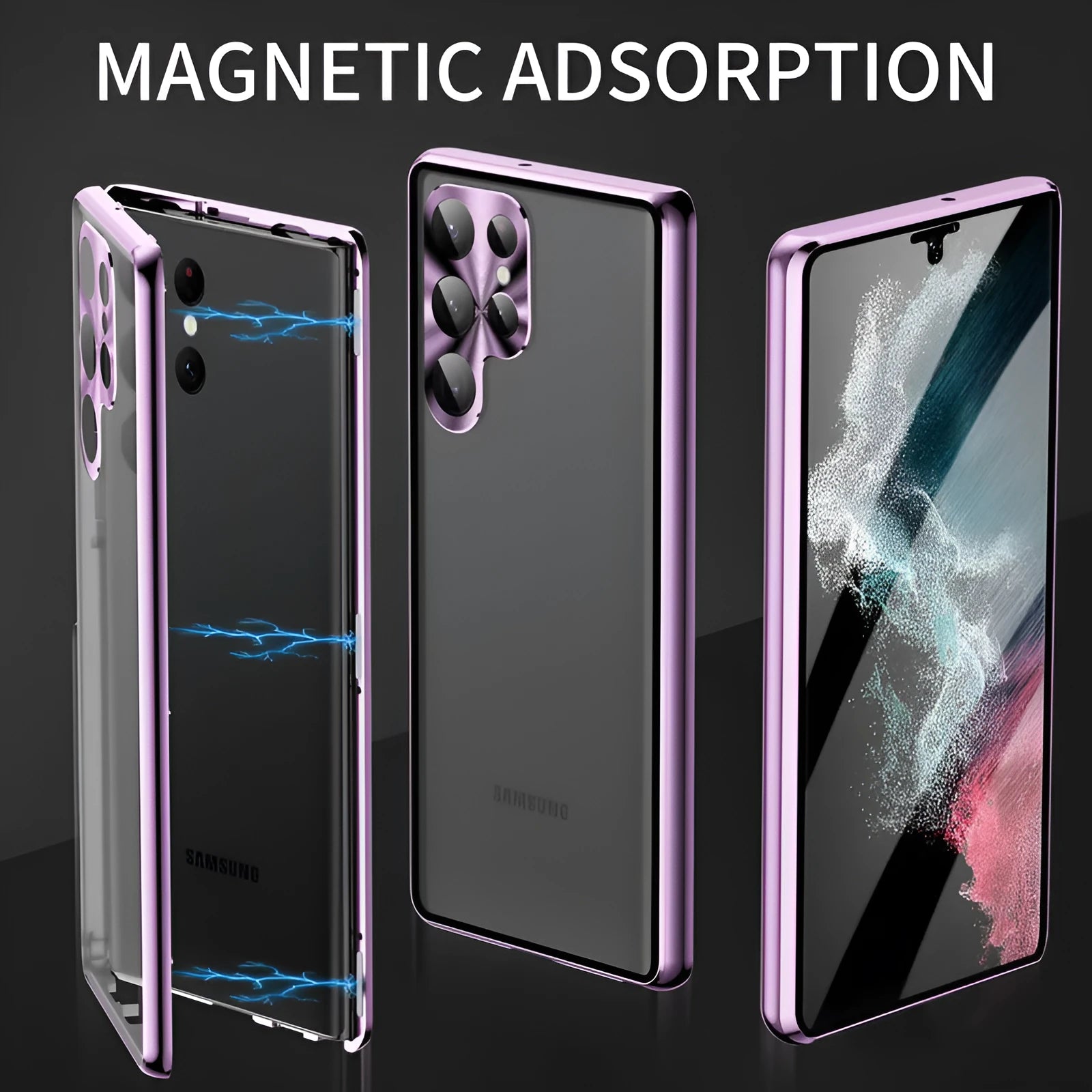 Black magnetic phone case with a peep-proof mirror for Samsung Galaxy models on a magnetic mount.