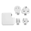 Laptop power adapter with choice of international plugs and a USB-C to USB-C cable.