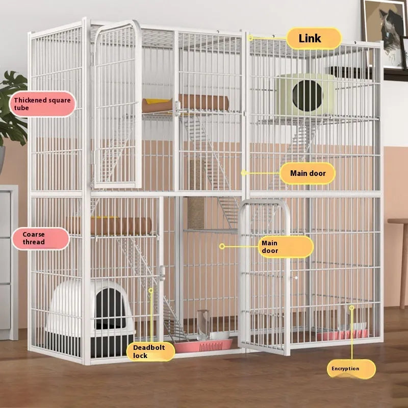 Indoor cat cage three-layer iron construction 142x54x130cm with cat inside white finish