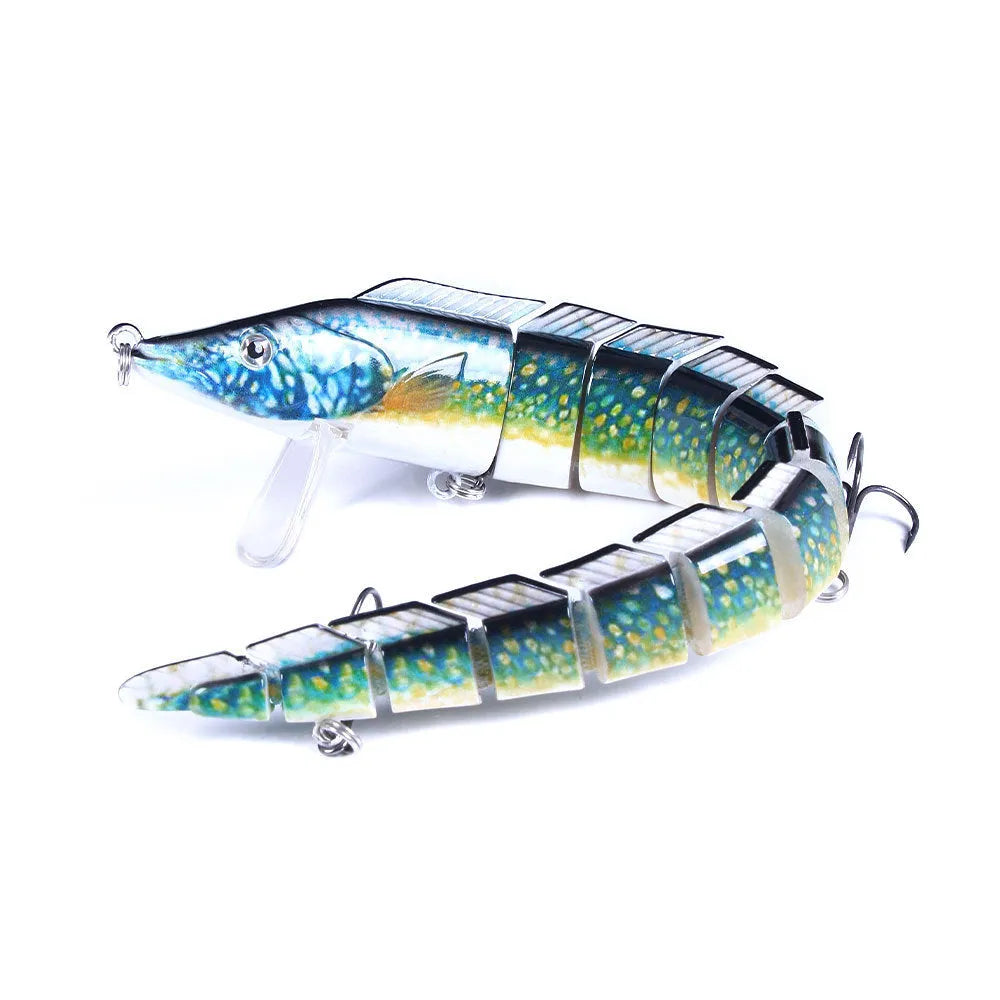 Multi-section simulated fish loach fishing lure showing jointed design and #2 hooks