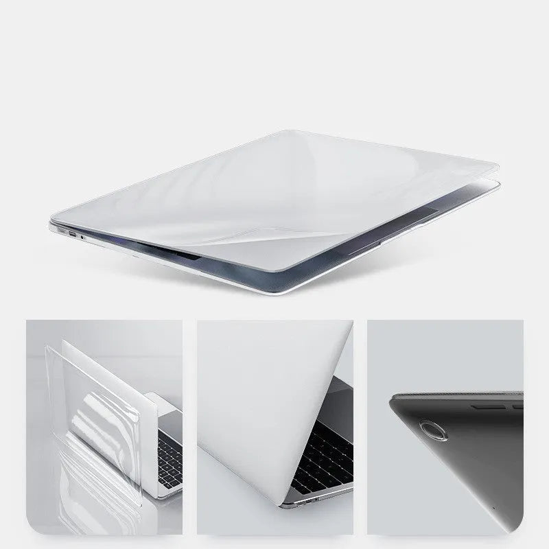 Transparent and black PC hard shell protective cases for a MacBook Pro 14-inch and 16-inch laptop.