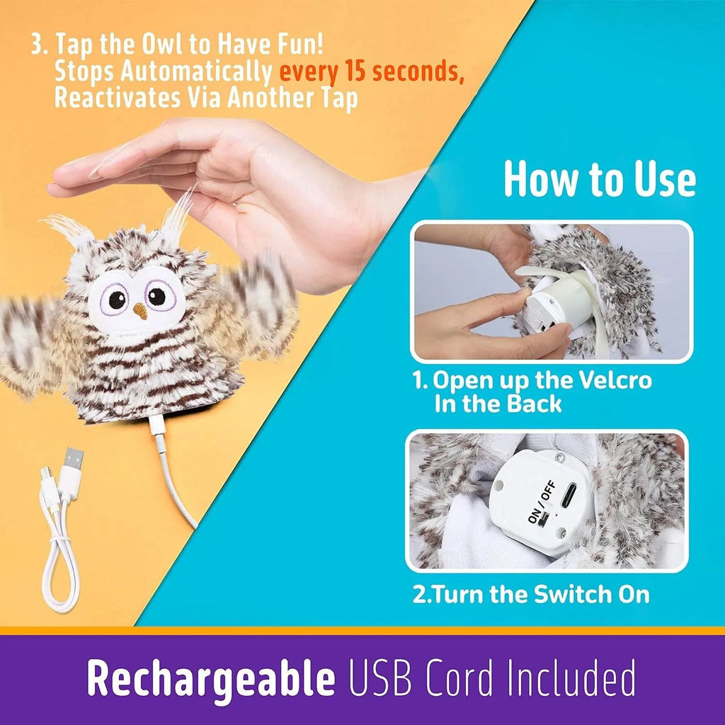 Grey owl-shaped automatic cat toy with flapping wings on flat surface