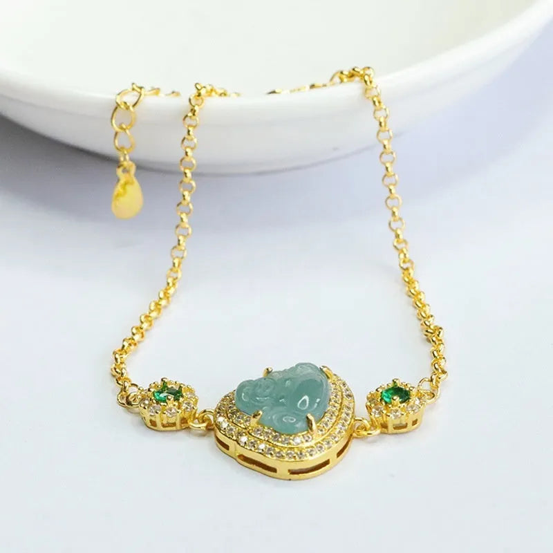 Emerald blue water Maitreya Buddha jade bracelet for women with 10x13mm charm