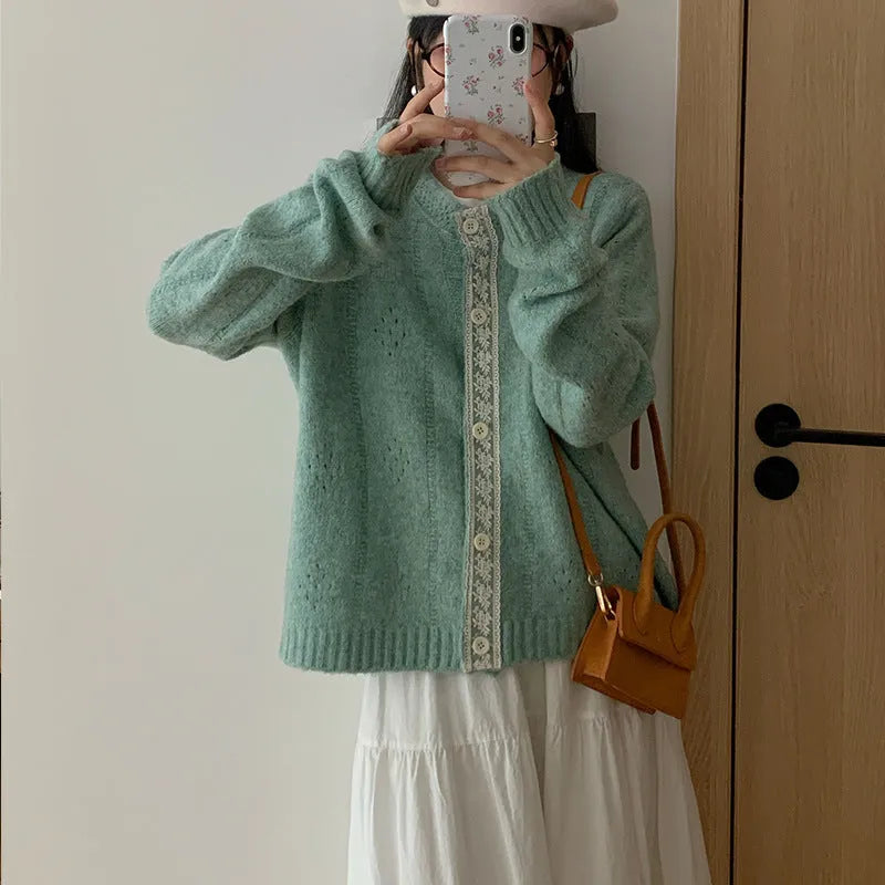 Artistic retro Korean knitwear cardigan coat in loose free size, shown in apricot colour.