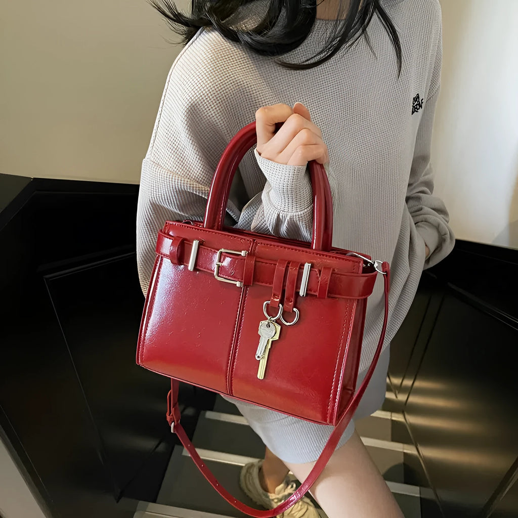 Women's PU crossbody bag in horizontal rectangle shape with three shoulder straps and phone pocket, 23x9x17cm