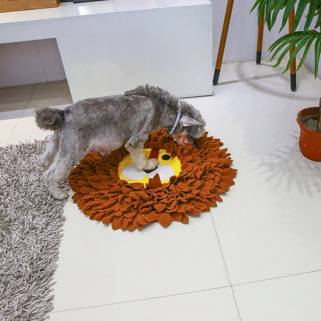 Brown lion-shaped snuffle pad for dogs and cats with food hiding compartments