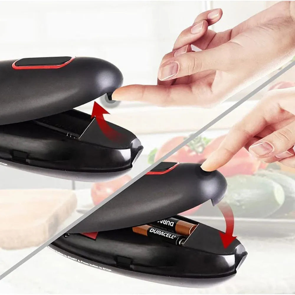 Black electric can opener with compact plastic design for hands-free opening