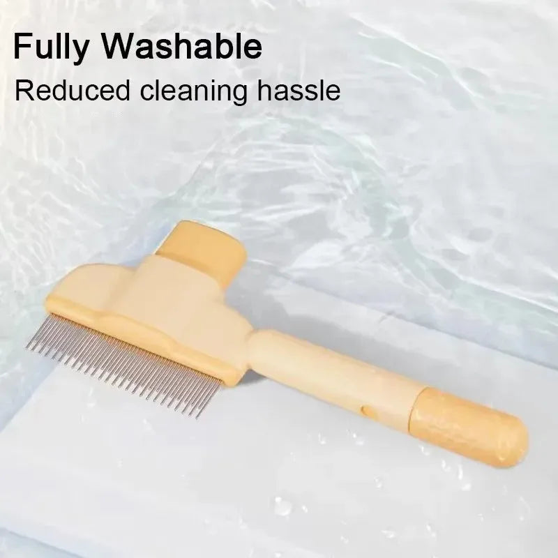 Green and yellow dog grooming brush with one-click hair removal and pressure adjustment features