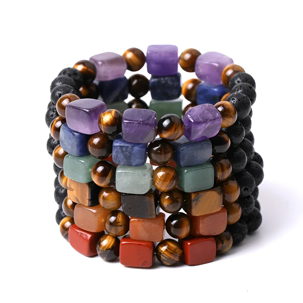 Square amethyst stone bracelet with rectangular blue stone beads and geometric design