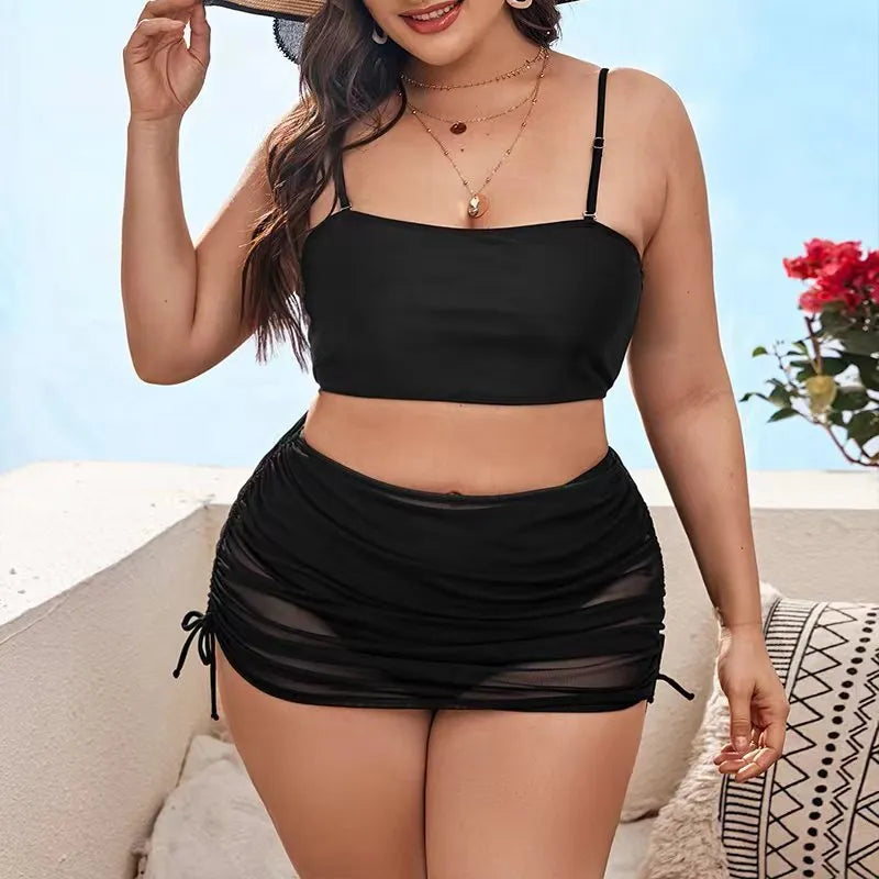 Women's solid colour mesh bikini three-piece set showing top, underwear, and apron.