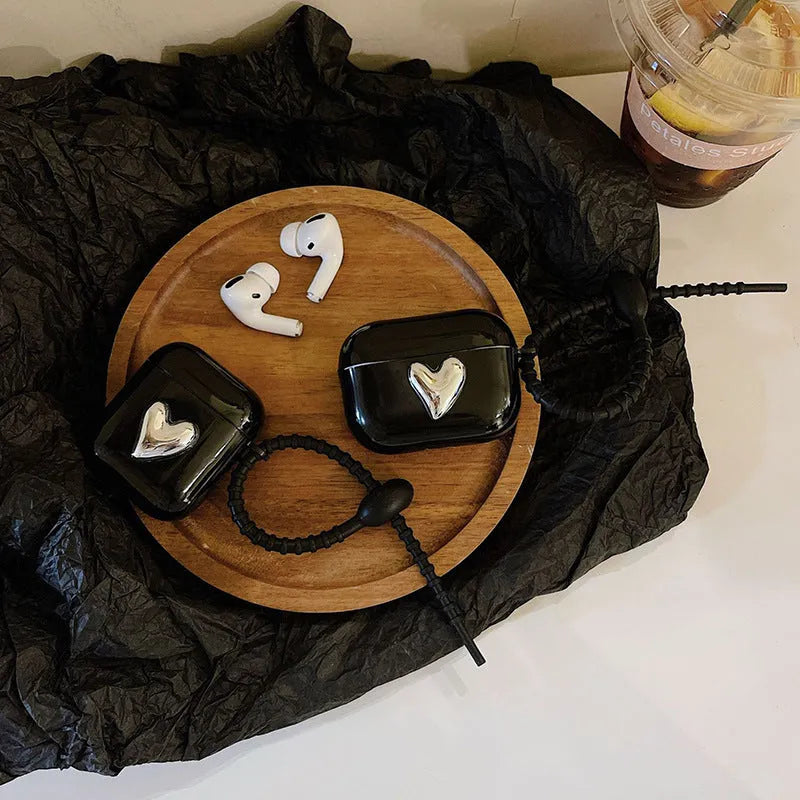 Black TPU earphone sleeve with electroplated love heart design and black cord for AirPods case