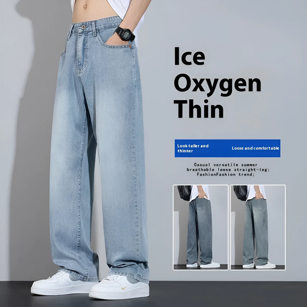 Straight-leg casual trousers in denim fabric with wide-leg design and zip fly opening