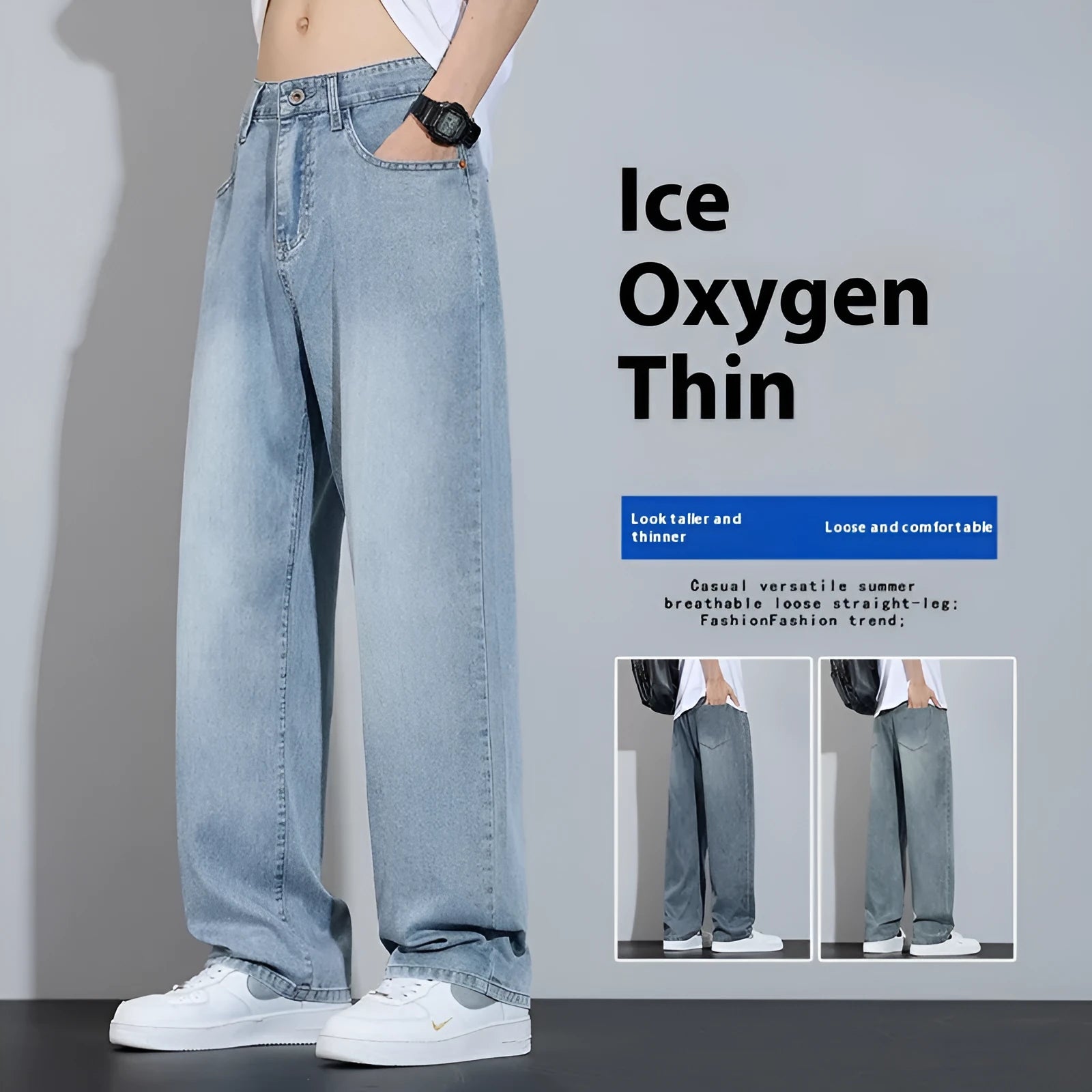 Straight-leg casual trousers in denim fabric with wide-leg design and zip fly opening