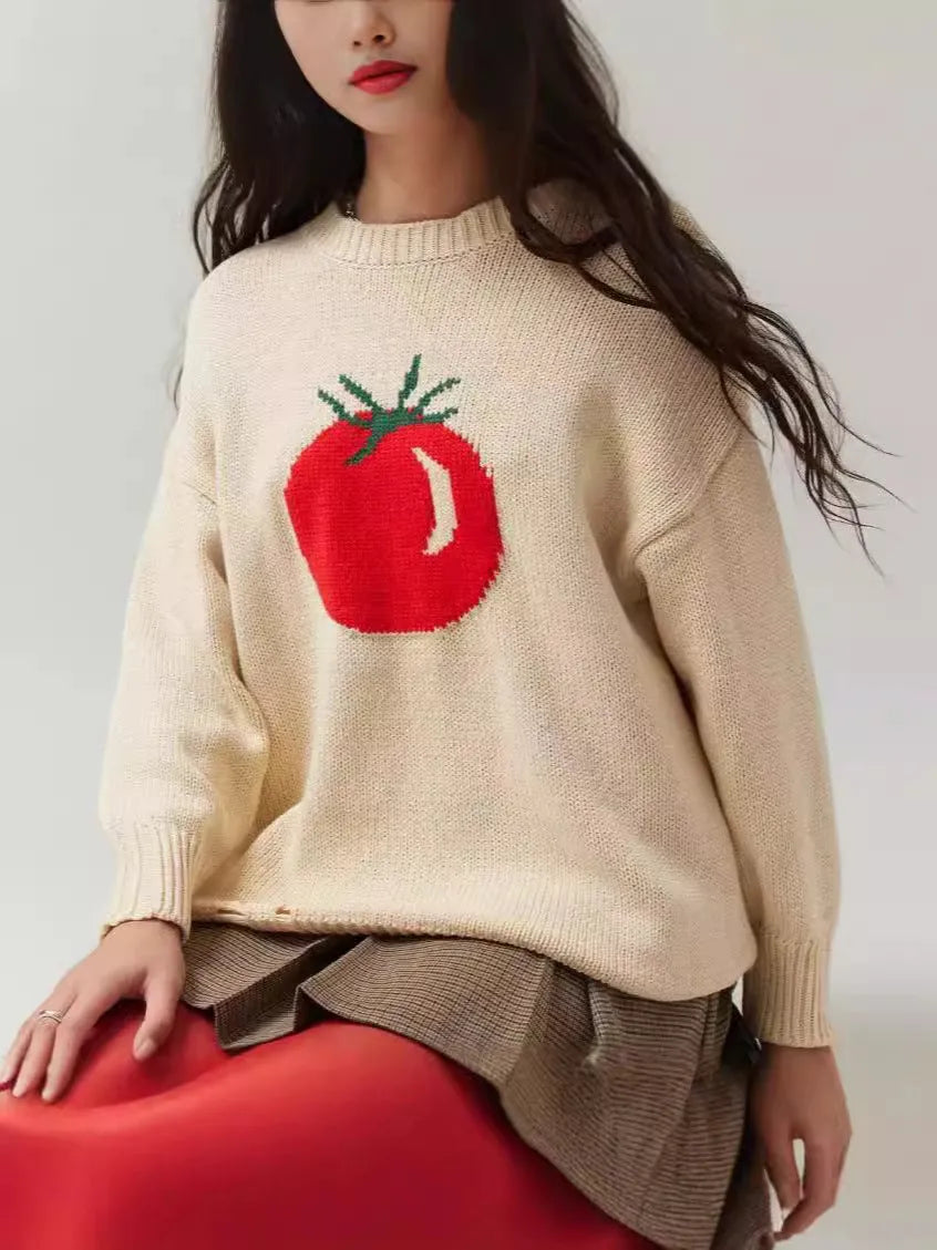 Women's milky white loose-fitting acrylic pullover sweater with round neck and Jacquard knit texture
