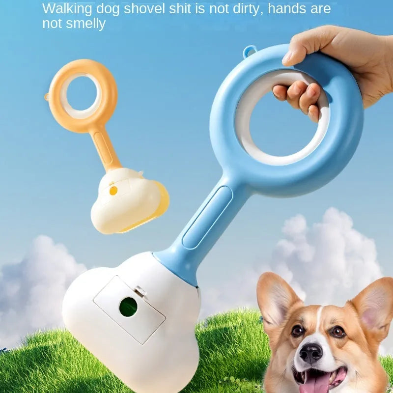 Blue and yellow ABS plastic dog pooper scooper with a cloud-shaped jaw on a white background.