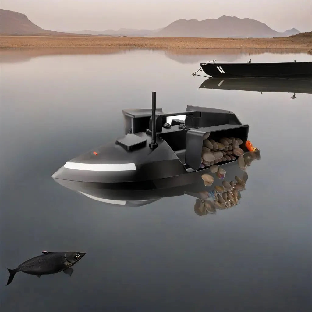 Black GPS remote control fishing boat on water with handheld transmitter, showing LED light.