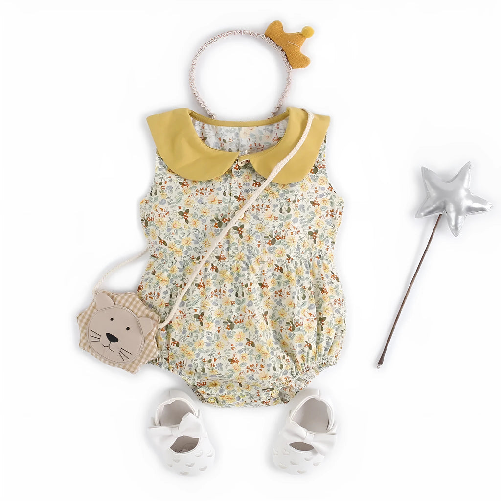 Yellow cotton floral baby romper with doll collar, triangle jumpsuit style for girls 0-6 months to 2-3 years