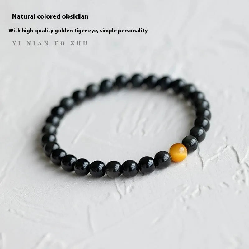 Black polished obsidian geometric bracelet with 10mm beads, Korean unisex style.