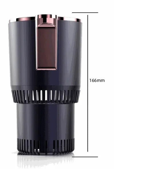Black car cup holder with digital temperature display showing heating and cooling functions for 12V vehicle use