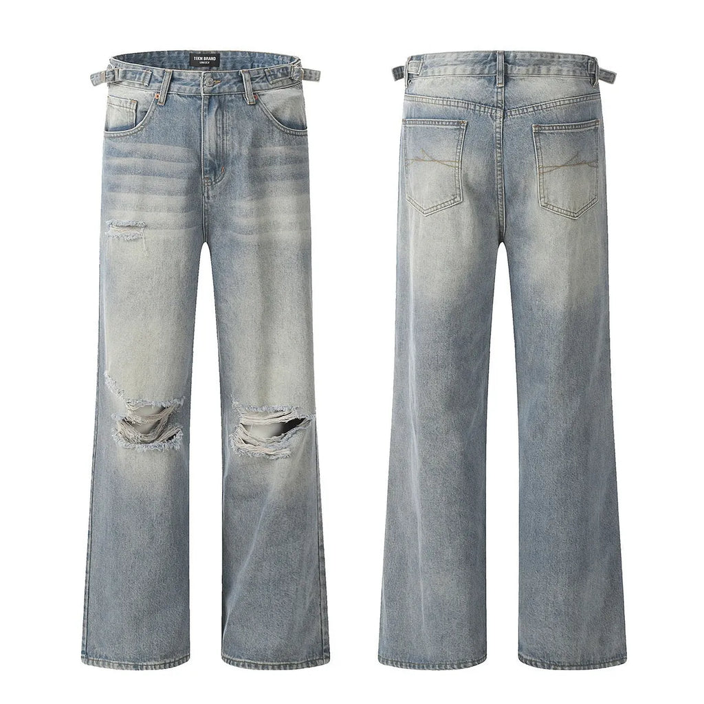 Blue cotton blend straight-leg men's jeans with zipper fly and retro styling