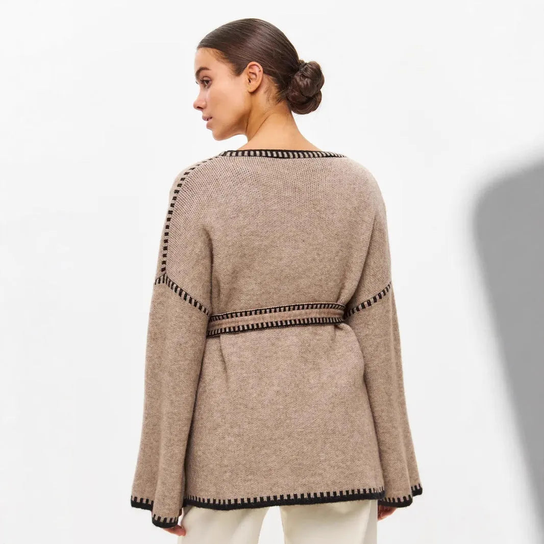 Loose fit knitted cardigan coat in imitation cashmere fabric showing front cardigan styling and long sleeves