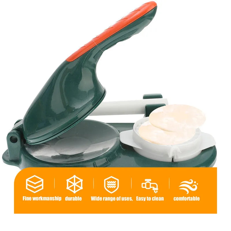 3 In 1 plastic dumpling maker with rolling pin and moulds, green colour, on kitchen countertop