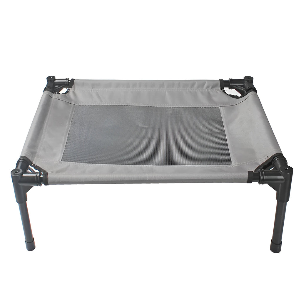 Black outdoor dog bed with removable Oxford cloth cover and steel frame, 55cm x 43cm