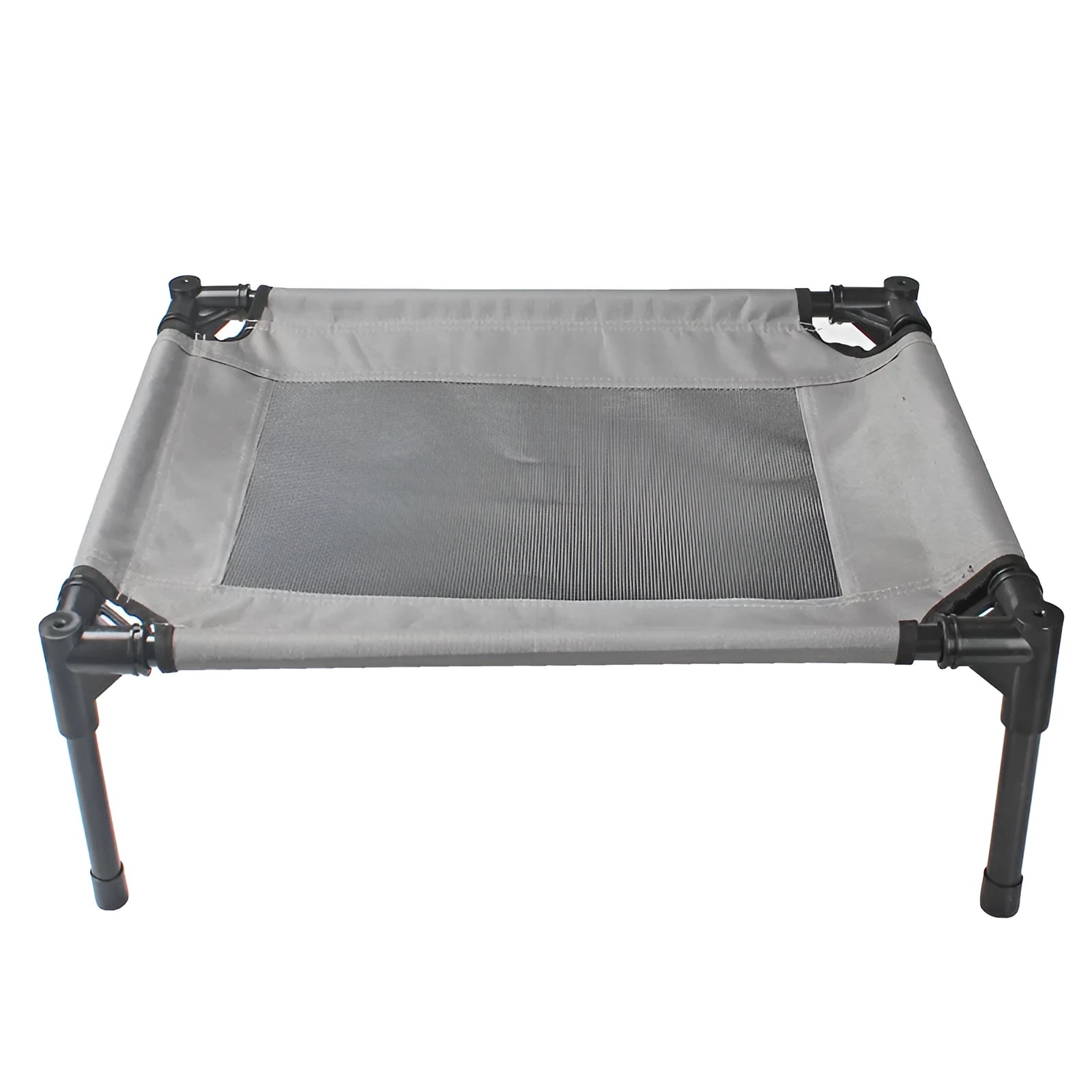 Black outdoor dog bed with removable Oxford cloth cover and steel frame, 55cm x 43cm