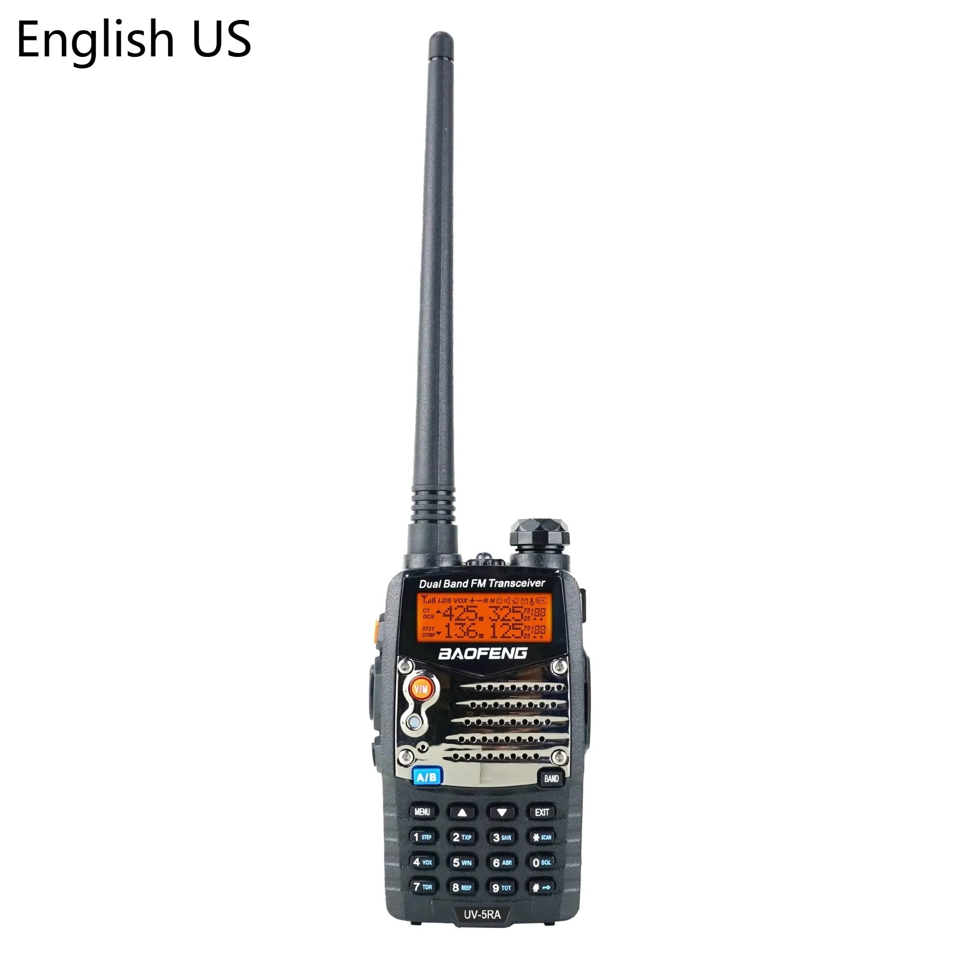 Baofeng UV-5RA handheld dual band radio with display screen and antenna.