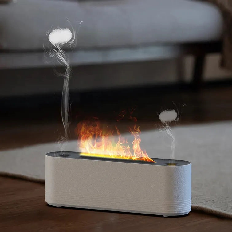 Black or white flame air humidifier and aroma diffuser with LED lights and water mist