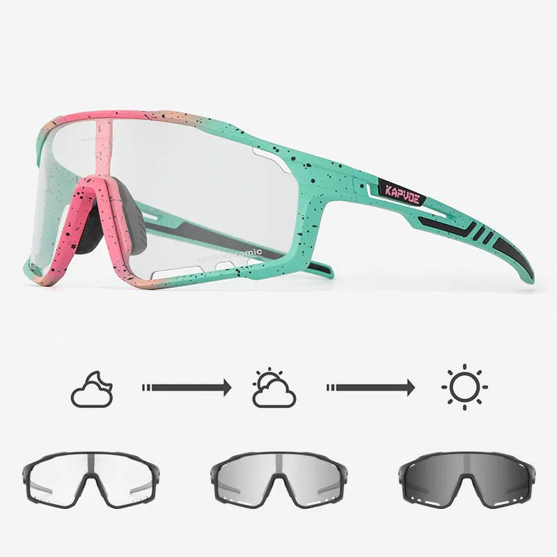 Photochromic cycling sunglasses with a semi-rimless TR90 frame shown in one of fourteen available colours.