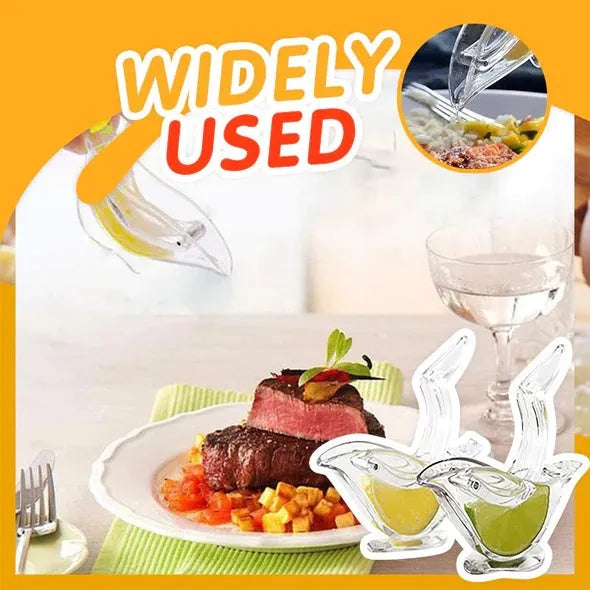 Transparent acrylic manual lemon juicer with bird-shaped design on a kitchen counter