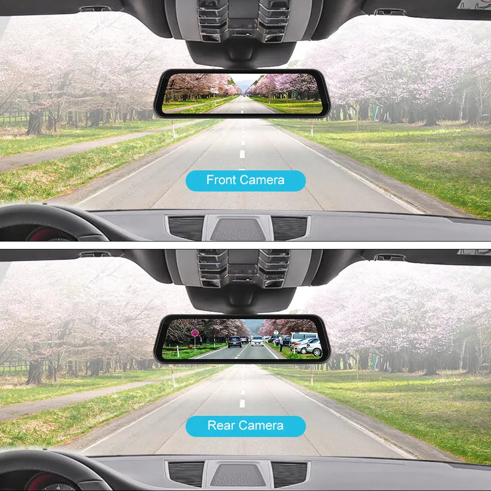 9.66-inch HD in-mirror car dash cam display with front camera and waterproof rear view camera on brackets.